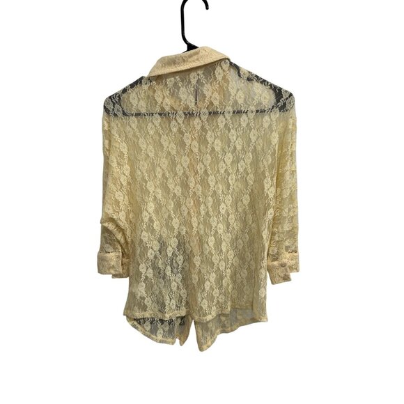 Belle Du Jour Sheer Butter Yellow Lace Button-Down Blouse Womens Sz Small - Picture 2 of 10
